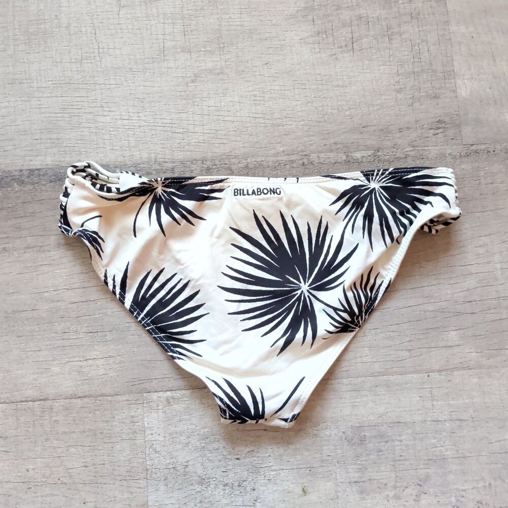 Billabong Palm Print Ruched Bikini Bottoms Women Size M Black White EDC